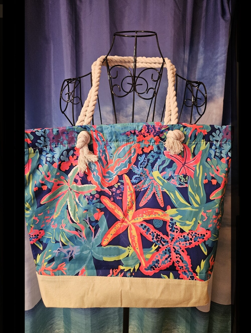 Tropical Starfish Print Rope-Handle Tote Bag - Navy & Multicolor - Picture 2 of 9
